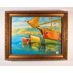 Vibrant‎ Seascape Oil Painting Sailing Boats Harbor Wall Art